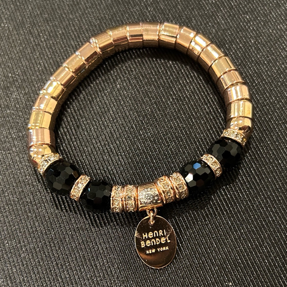 Henri Bendel Elastic Rose Gold and Jet Black Beaded Stretch Bracelet with Charm